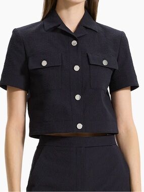 Theory Button Front Top | Navy Seersucker Crop Shirt | Size 8